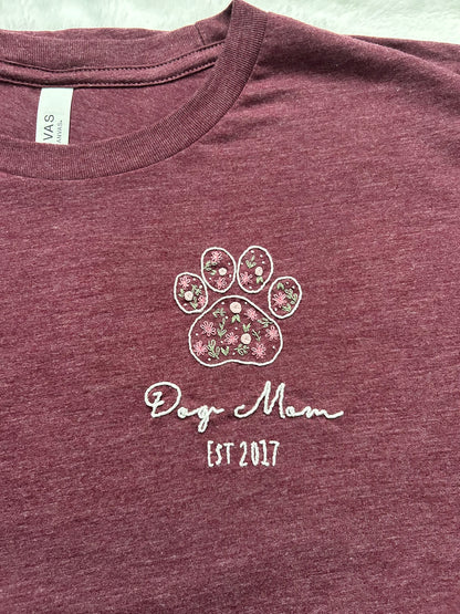 Custom Hand Embroidered Dog Mom Shirt with Pawprint