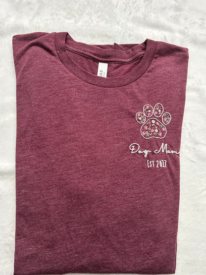 Custom Hand Embroidered Dog Mom Shirt with Pawprint