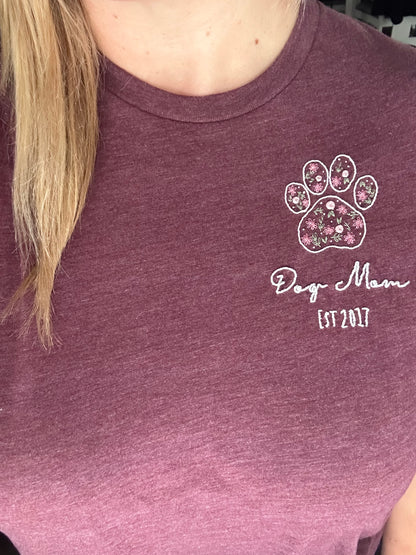 Custom Hand Embroidered Dog Mom Shirt with Pawprint